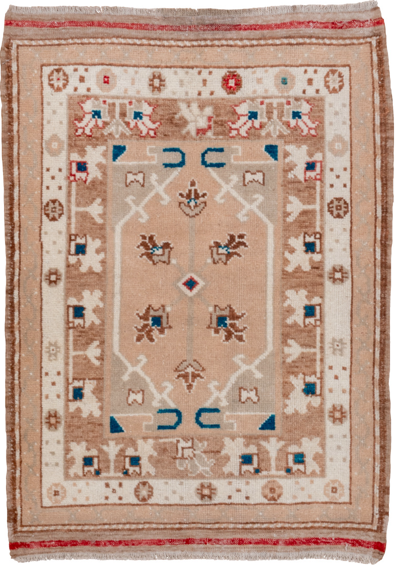 2' x 3' one-of-a-kind handmade vintage Oushak small size rug. Color palette: blue, brown, gray, light gray, off-white, pink