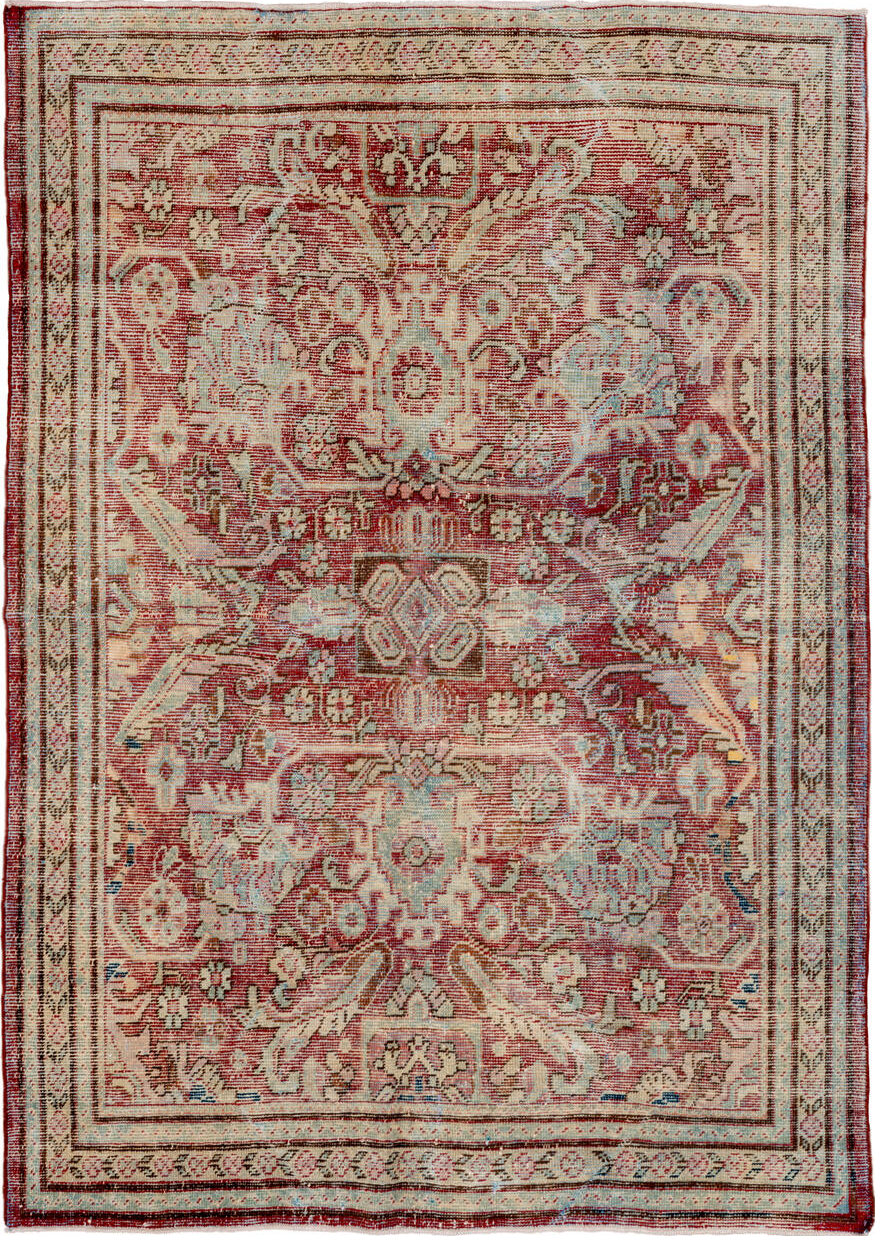 5' x 7' one-of-a-kind handmade vintage Mahal rug. Color palette: off-white, brown, gray, red, orange, light gray, pink