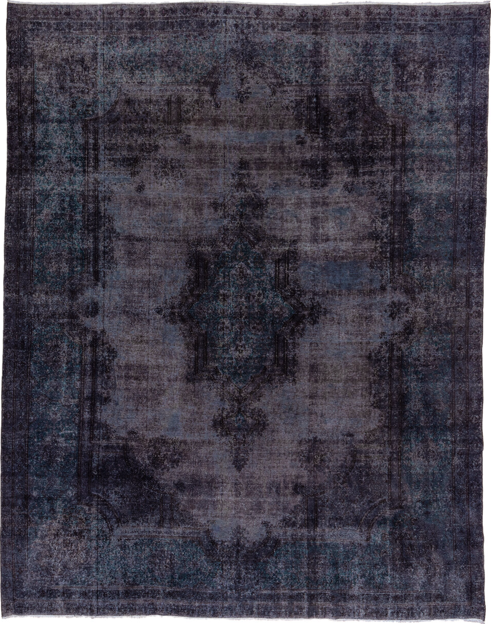 10' x 12' one-of-a-kind handmade vintage Overdyed large size rug. Color palette: gray, blue, black, light gray, off-white