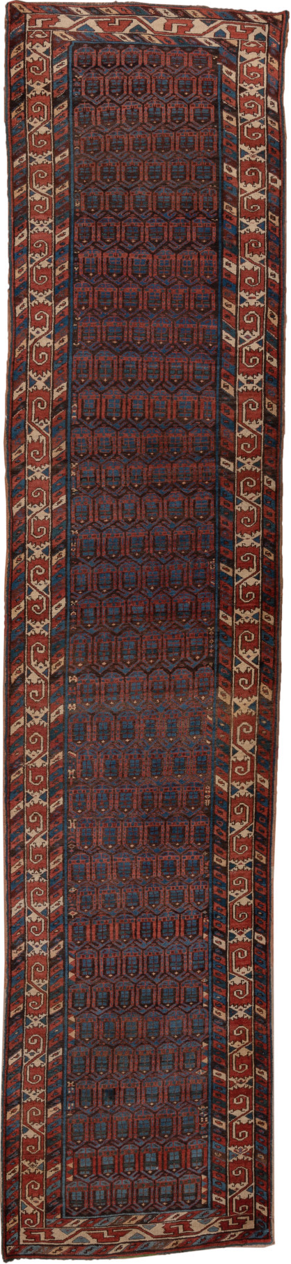 3' x 15' one-of-a-kind handmade vintage Sarab runner rug. Color palette: black, blue, brown, charcoal, gray, off-white, red