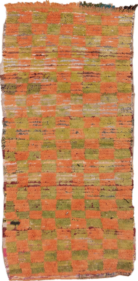 2' x 6' one-of-a-kind handmade vintage Moroccan runner rug. Color palette: brown, gray, light gray, off-white, orange, pink