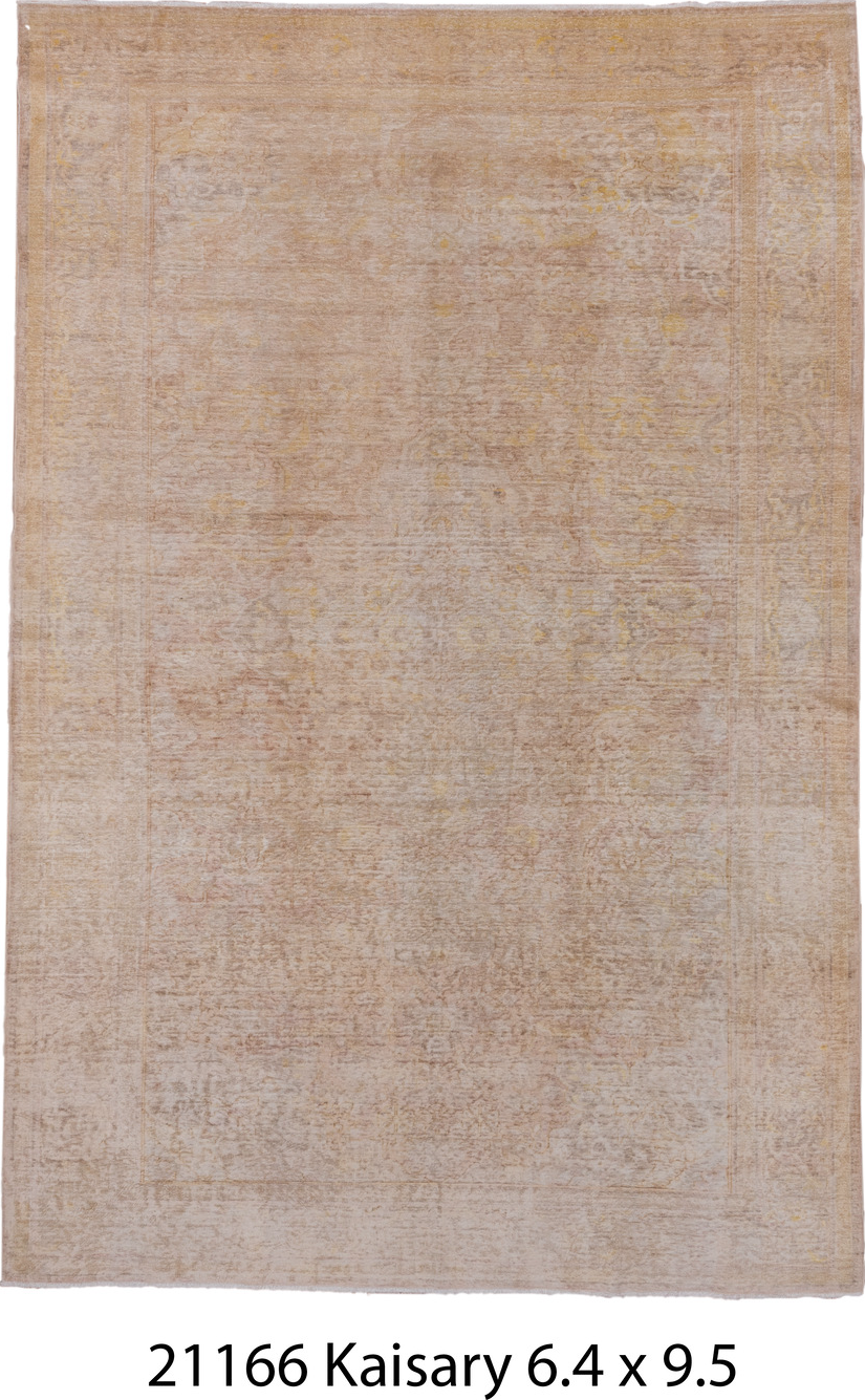 6' x 9' one-of-a-kind handmade vintage Kaisary medium size rug. Color palette: gray, light gray, black, off-white, pink