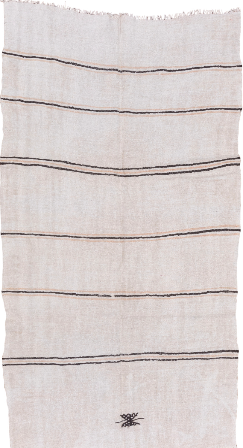 5' x 11' one-of-a-kind handmade vintage Hemp Kilim runner rug. Color palette: brown, dim gray, gainsboro, gray, light gray