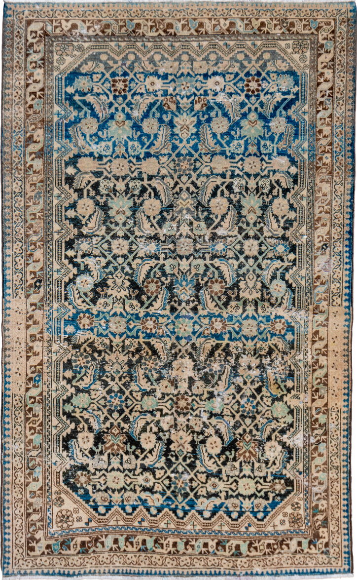 4' x 8' one-of-a-kind handmade vintage Malayer rug. Color palette: gray, blue, brown, light gray, orange, off-white, black