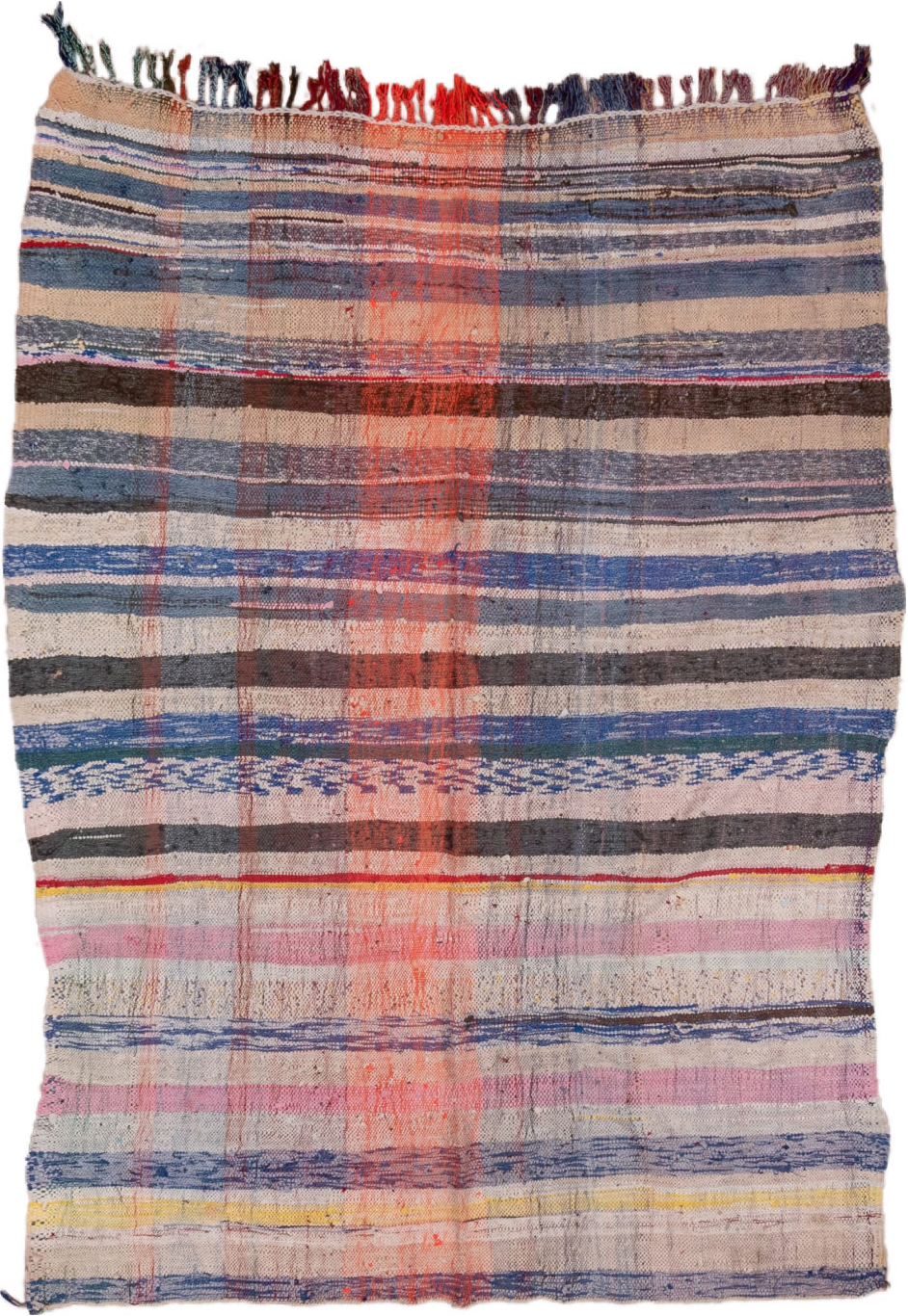 5' x 6' one-of-a-kind handmade vintage Textile rug. Color palette: blue, brown, gray, light gray, off-white, pink, red