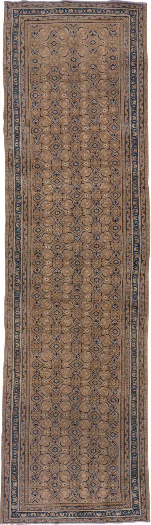 4' x 14' one-of-a-kind handmade vintage Mahal runner rug. Color palette: black, blue, gray, off-white, pink, snow, white