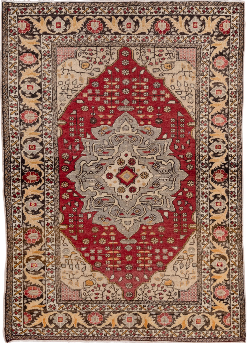 4' x 6' one-of-a-kind handmade vintage Oushak small size rug. Color palette: brown, gray, light gray, off-white, pink, red