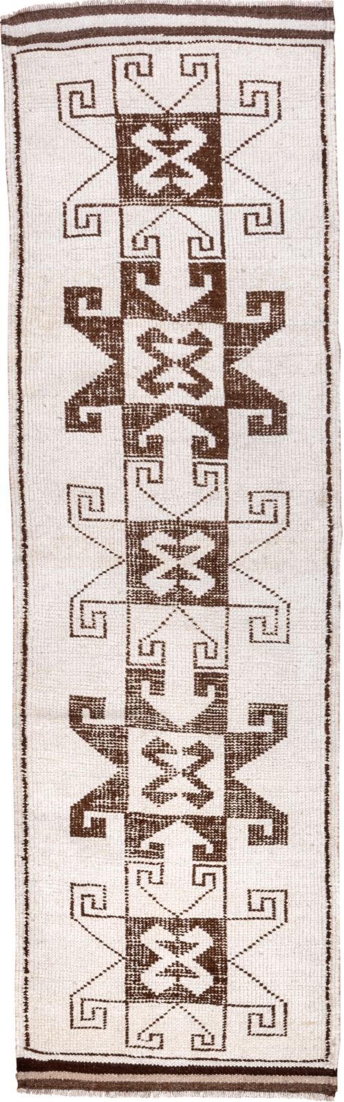 3' x 10' one-of-a-kind handmade vintage Kars runner rug. Color palette: brown, gainsboro, gray, light gray, linen, off-white