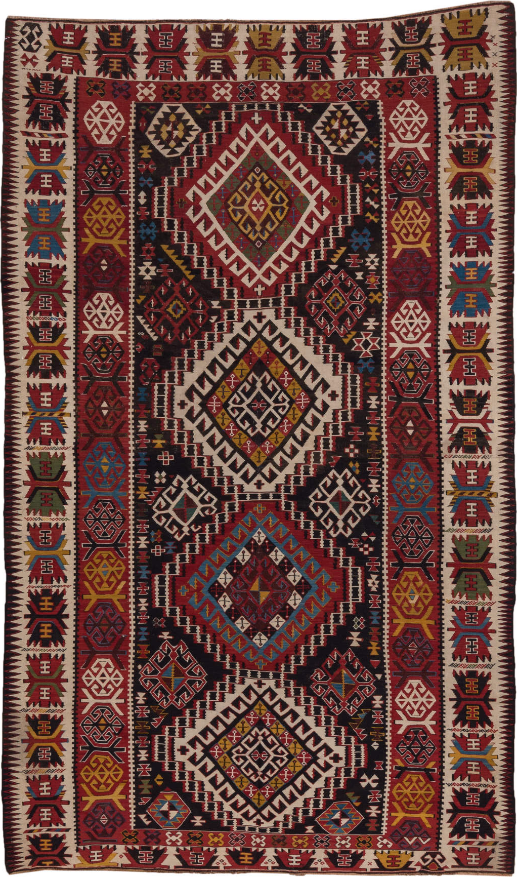 6' x 10' one-of-a-kind handmade vintage Kilim large size rug. Color palette: arapawa, blue, brown, gray, pink, red