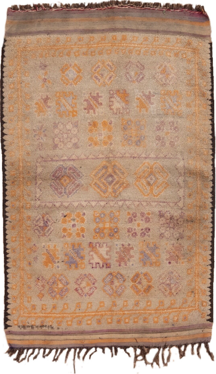 3' x 5' one-of-a-kind handmade vintage Moroccan small size rug. Color palette: brown, gray, red, tan