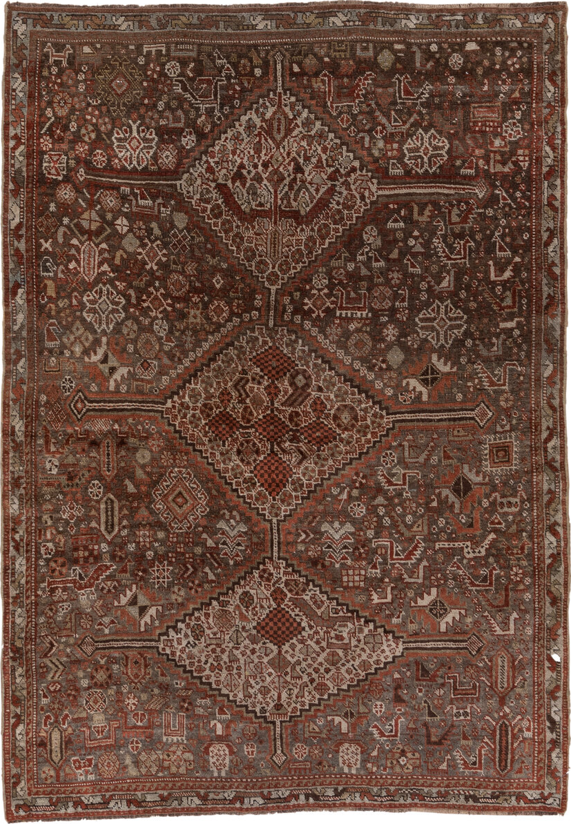 4' x 5' one-of-a-kind handmade vintage Shiraz small size rug. Color palette: gray, pink, brown
