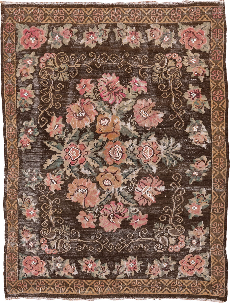 5' x 7' one-of-a-kind handmade vintage Kilim rug. Color palette: gray, red, pink, brown, light gray, off-white, seashell