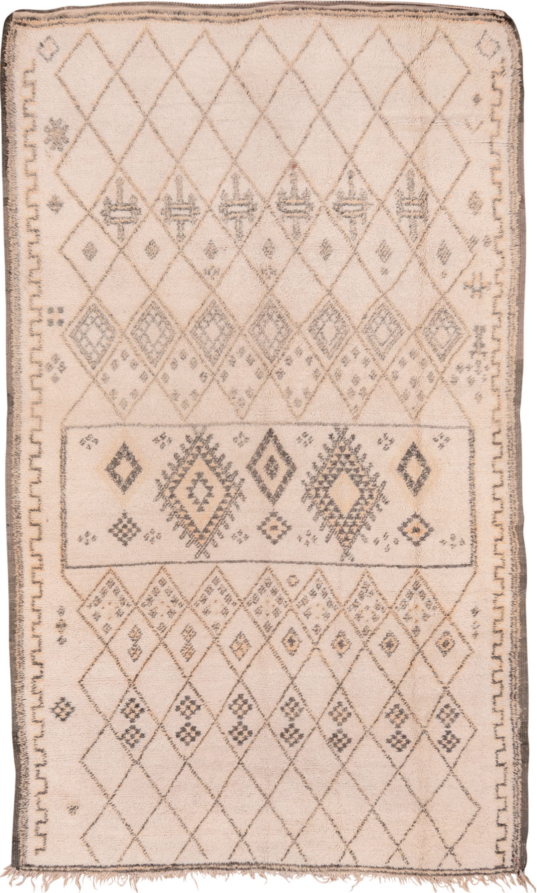 6' x 11' one-of-a-kind handmade vintage Moroccan large size rug. Color palette: brown, gray, light gray, off-white, orange