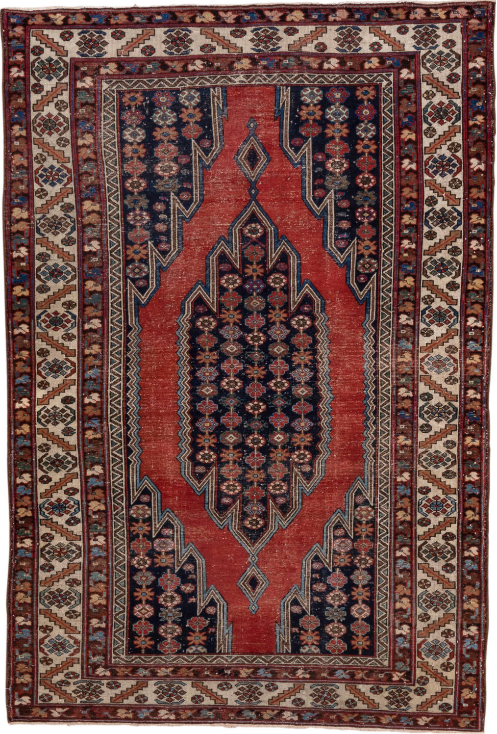 4' x 6' one-of-a-kind handmade vintage Malayer small size rug. Color palette: blue, brown, gray, pink, red