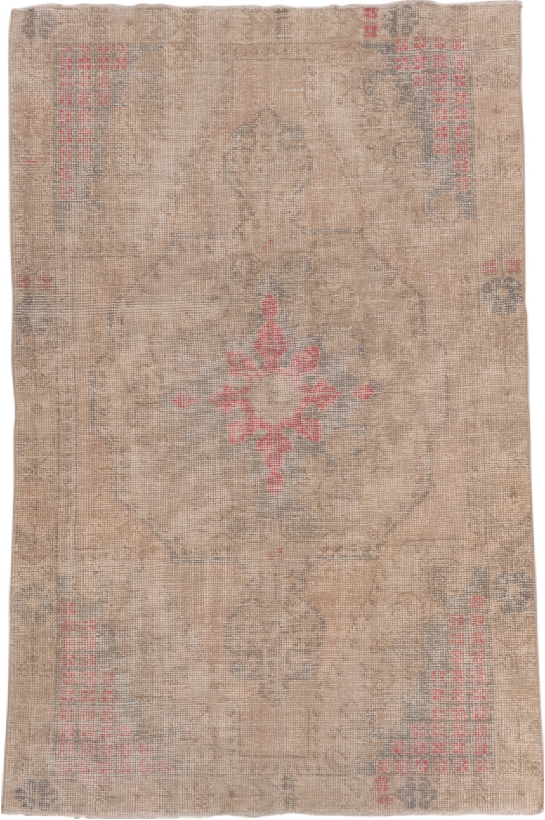 4' x 6' one-of-a-kind handmade vintage Oushak small size rug. Color palette: brown, gray, light gray, off-white, pink, snow