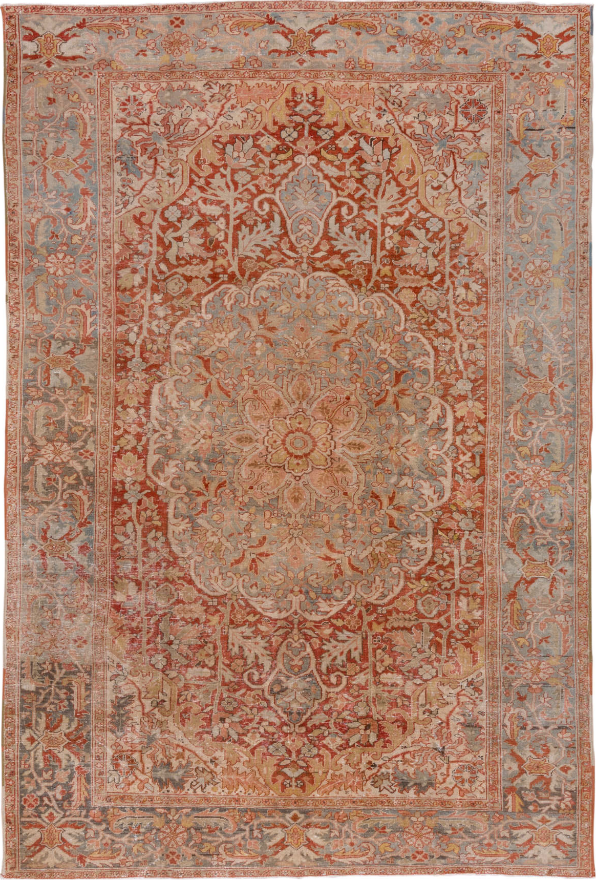 7' x 11' one-of-a-kind handmade vintage Heriz large size rug. Color palette: brown, gray, light gray, off-white, orange