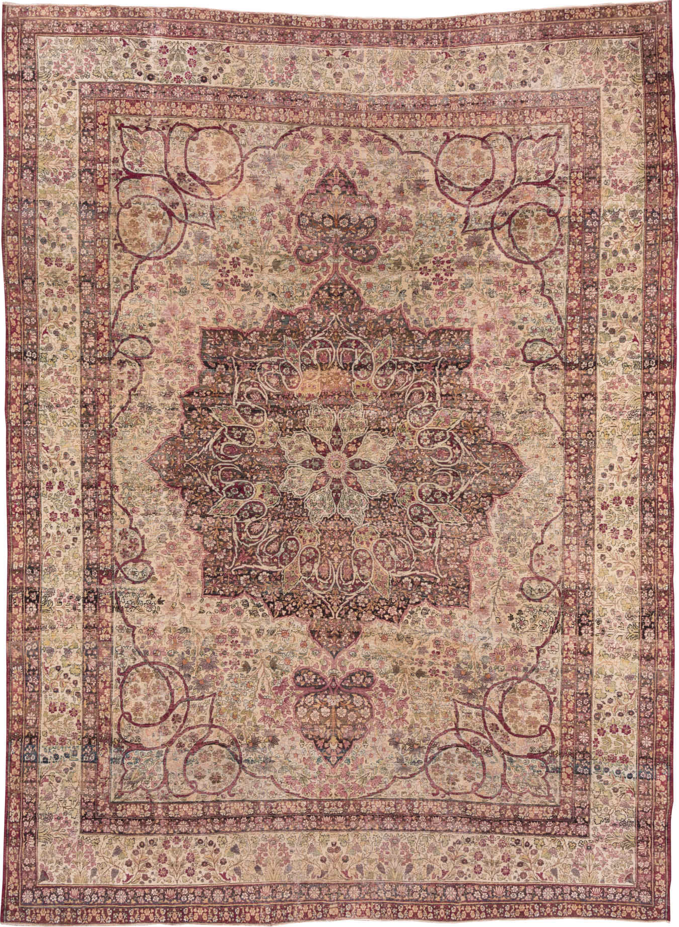 10' x 14' one-of-a-kind handmade vintage Lavar large size rug. Color palette: brown, gray, off-white, orange, pink, red
