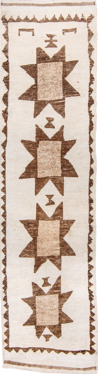 3' x 11' one-of-a-kind handmade vintage Kars runner rug. Color palette: brown, off-white, gray, light gray, pink, yellow