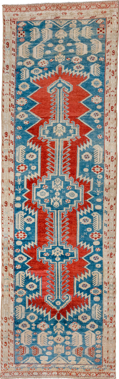 2' x 8' one-of-a-kind handmade vintage Malayer runner rug. Color palette: gray, blue, red, brown, light gray, off-white