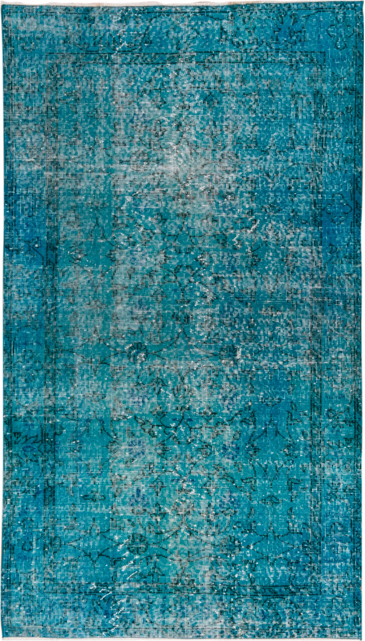3' x 6' one-of-a-kind handmade vintage Overdyed small size rug. Color palette: blue, dark slate gray, gray, green