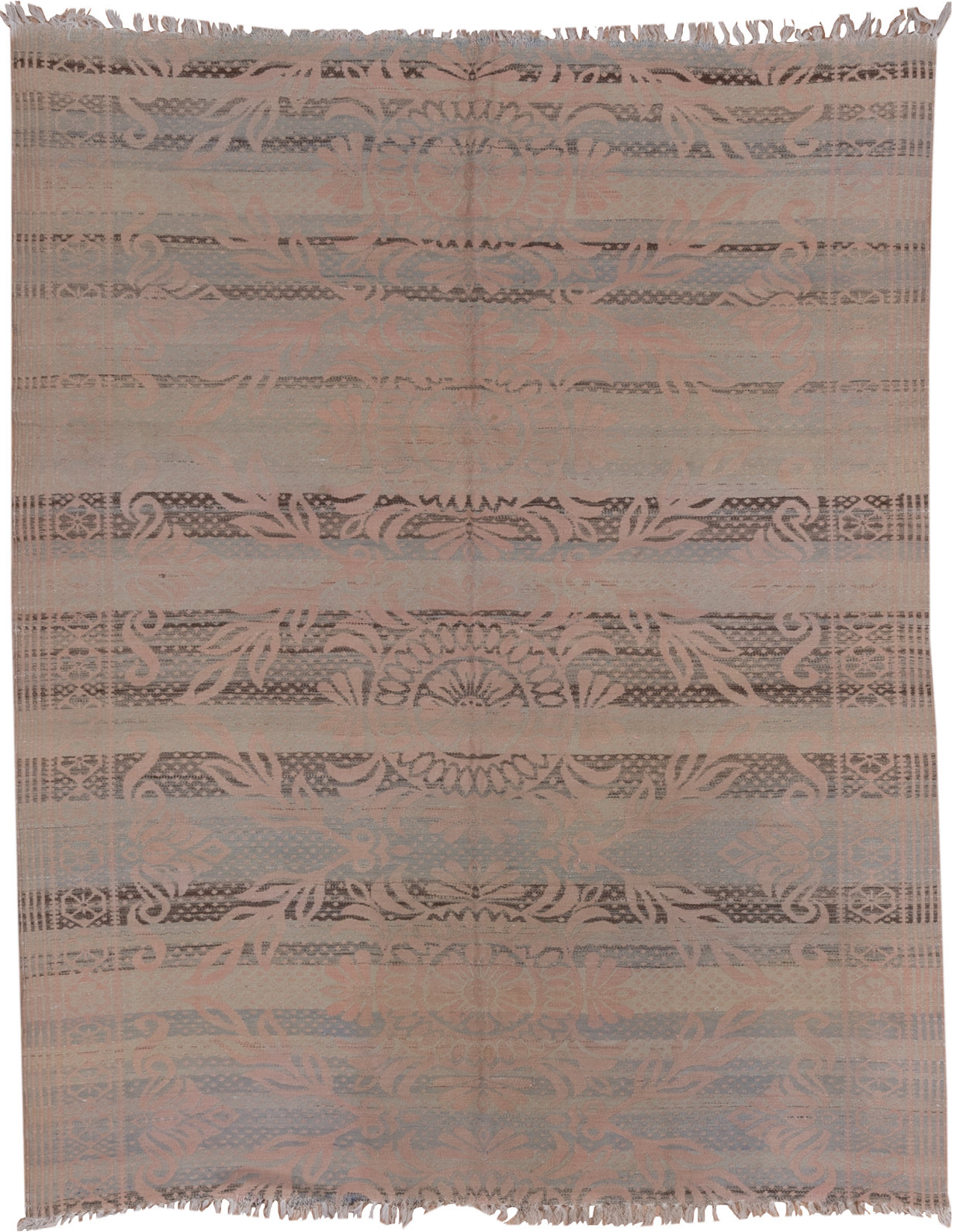 5' x 7' one-of-a-kind handmade vintage Kilim rug. Color palette: brown, gray, light gray, off-white, pink, snow, white