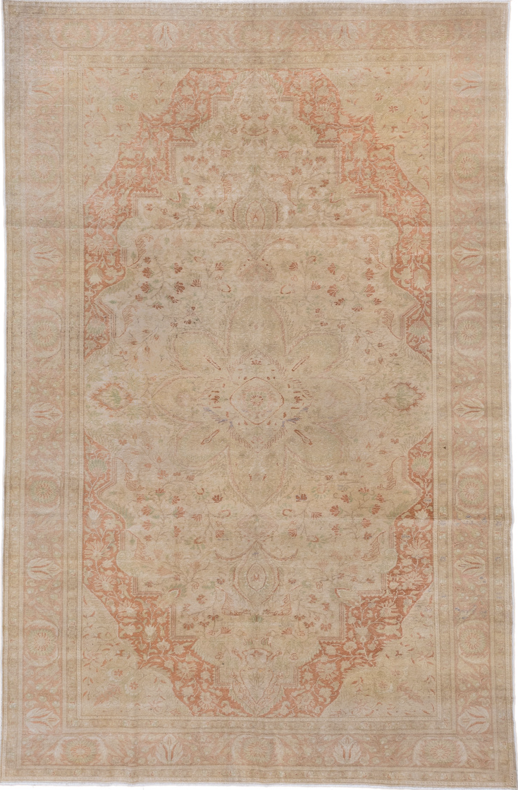 6' x 9' one-of-a-kind handmade vintage Kaisary medium size rug. Color palette: pink, gray, light gray, brown, orange