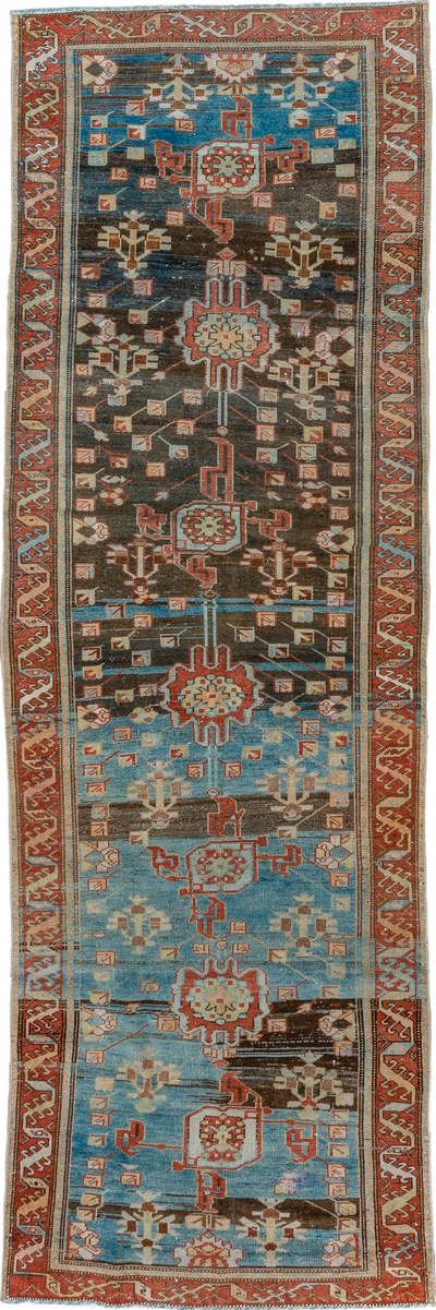 3' x 10' one-of-a-kind handmade vintage Malayer runner rug. Color palette: brown, gray, blue, black