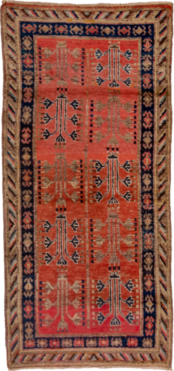 2' x 4' one-of-a-kind handmade vintage Khotan small size rug. Color palette: brown, gray, pink, red