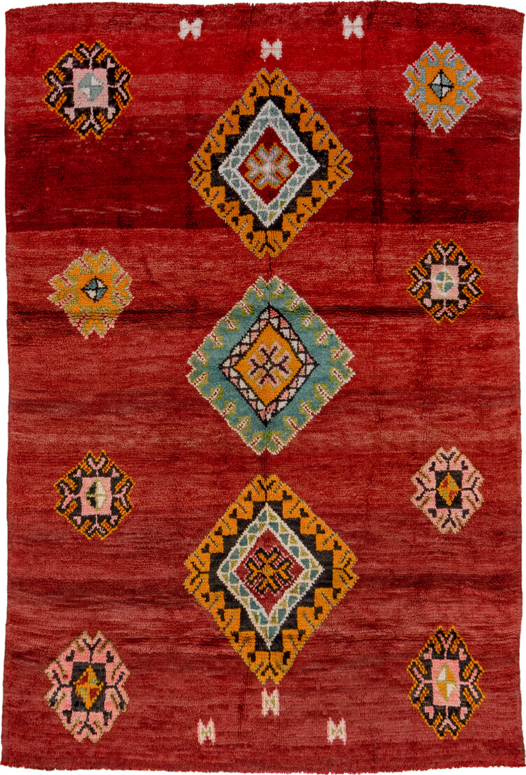 6' x 9' one-of-a-kind handmade vintage Moroccan medium size rug. Color palette: gray, pink, brown, red