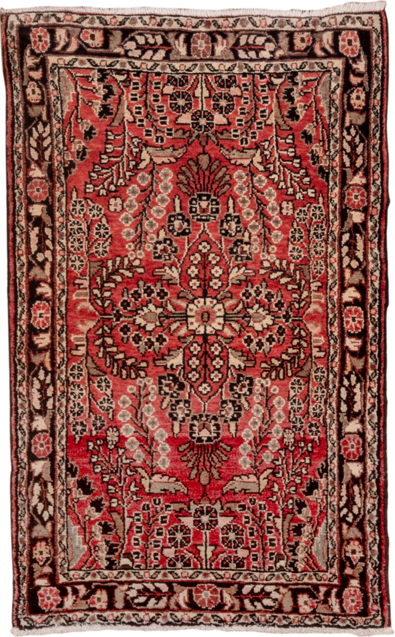 2' x 4' one-of-a-kind handmade vintage Dargazin small size rug. Color palette: black, brown, gray, light gray, pink, red