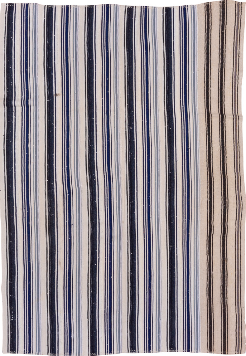 6' x 8' one-of-a-kind handmade vintage Flatweave medium size rug. Color palette: gray, blue, pink, off-white, light gray