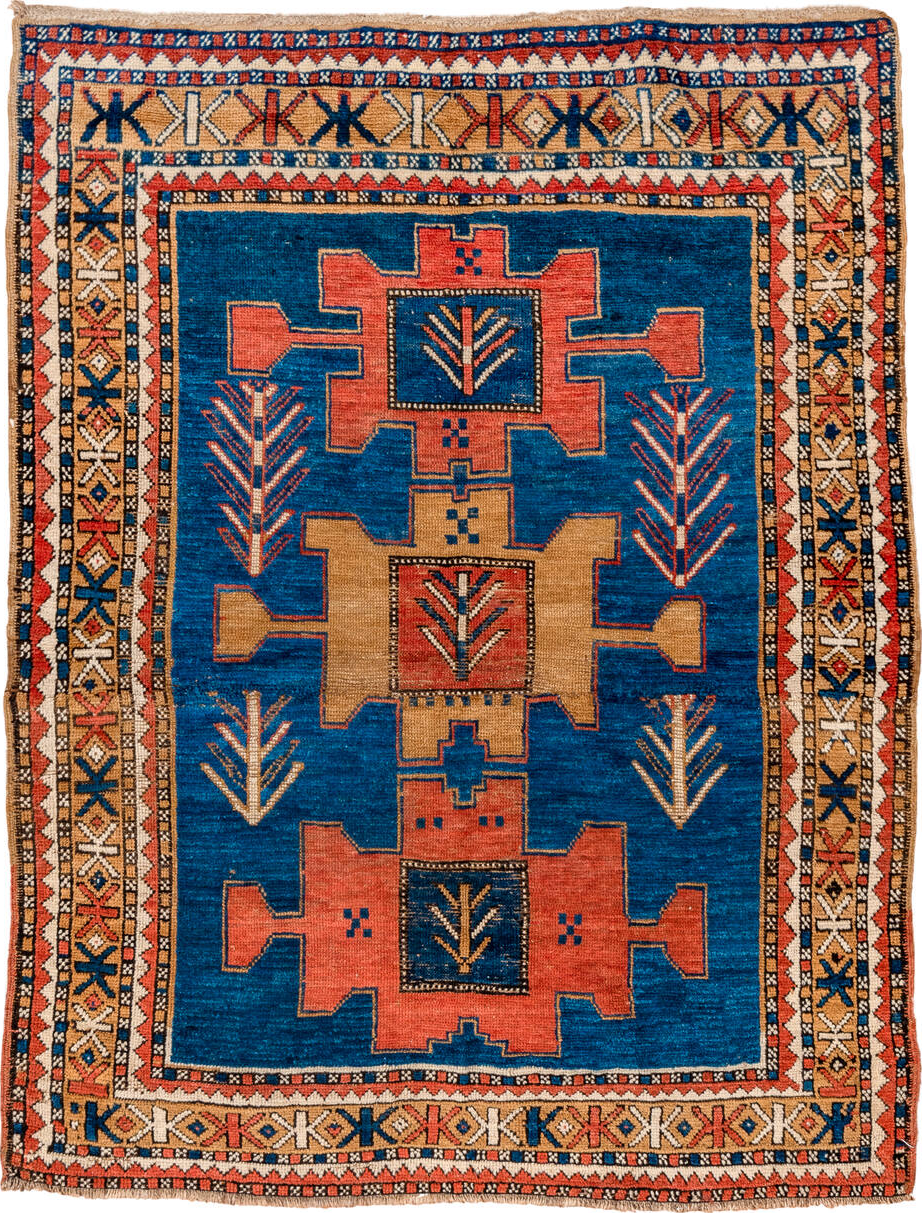 4' x 5' one-of-a-kind handmade vintage Kazak small size rug. Color palette: red, orange, brown, gray, blue, pink, off-white