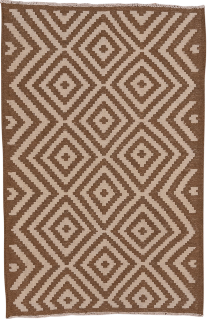 3' x 5' one-of-a-kind handmade vintage Kilim small size rug. Color palette: brown, gray, light gray, off-white, pink, snow