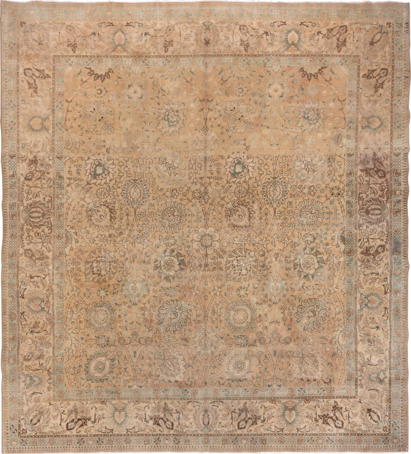 11' x 12' one-of-a-kind handmade vintage Sivas rug. Color palette: brown, gray, light gray, off-white, orange, pink, snow