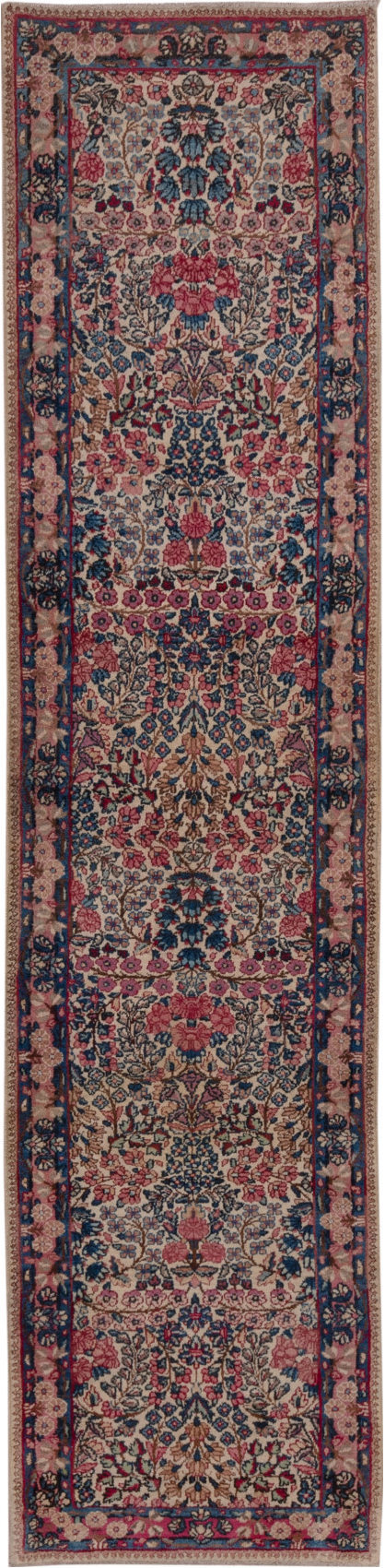 2' x 10' one-of-a-kind handmade vintage Kerman runner rug. Color palette: brown, dim gray, gray, pink, red