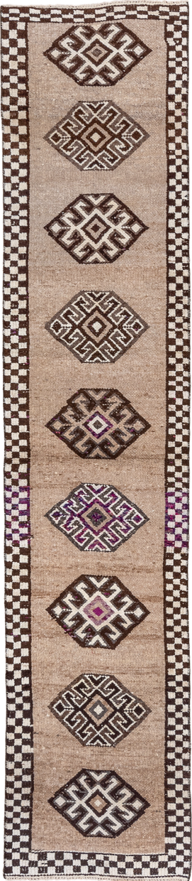 2' x 11' one-of-a-kind handmade vintage Kars runner rug. Color palette: gray, brown, pink, light gray, off-white, white