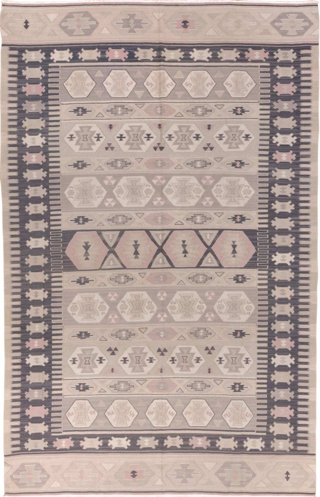 5' x 8' one-of-a-kind handmade vintage Kilim medium size rug. Color palette: blue, dim gray, gray, light gray, off-white