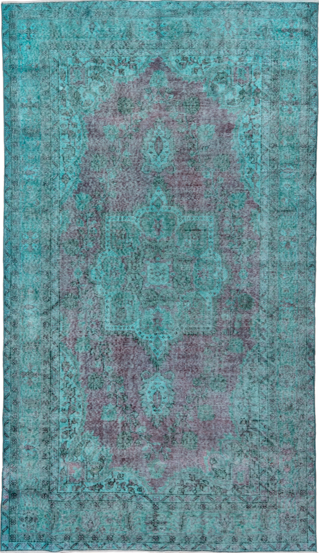 5' x 9' one-of-a-kind handmade vintage Overdyed medium size rug. Color palette: blue, light blue, gray, green, cadet blue