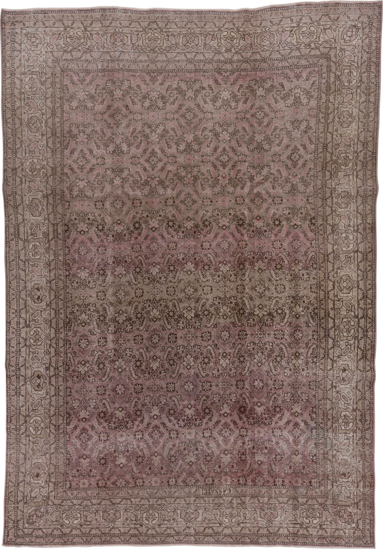 7' x 10' one-of-a-kind handmade vintage Sivas large size rug. Color palette: brown, gray, pink