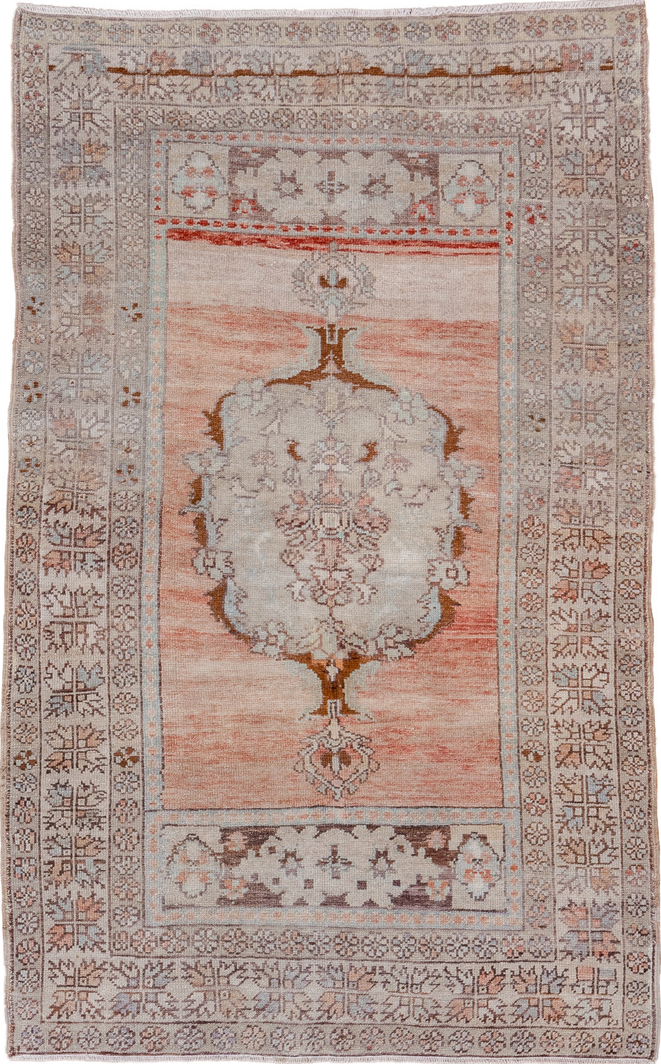3' x 5' one-of-a-kind handmade vintage Oushak small size rug. Color palette: pink, gray, light gray, off-white, brown