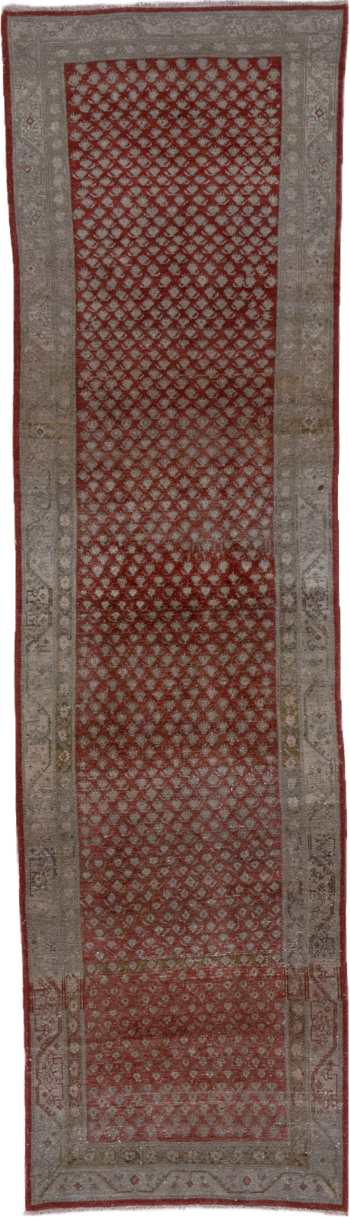3' x 10' one-of-a-kind handmade vintage Saraband runner rug. Color palette: brown, gray, off-white, red, redwood, snow
