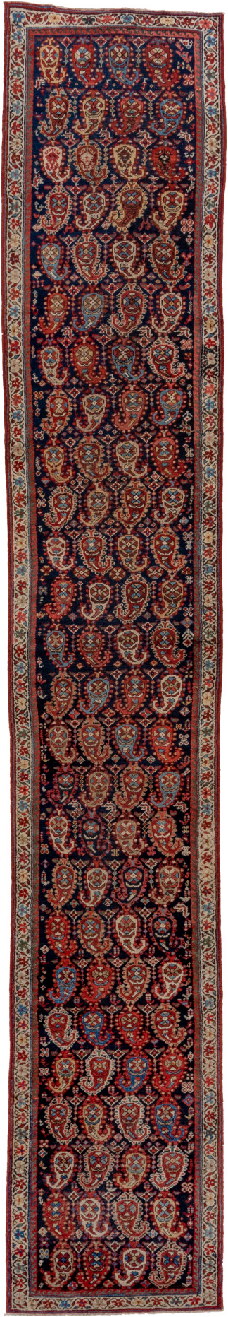 2' x 16' one-of-a-kind handmade vintage Malayer runner rug. Color palette: black, blue, brown, dim gray, gray, off-white