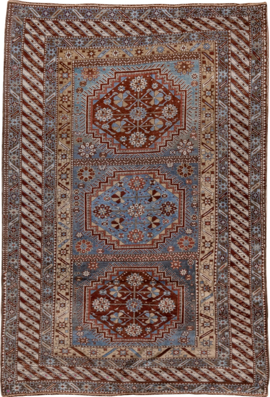 3' x 5' one-of-a-kind handmade vintage Shirvan small size rug. Color palette: brown, gray, pink, red, blue, slate gray