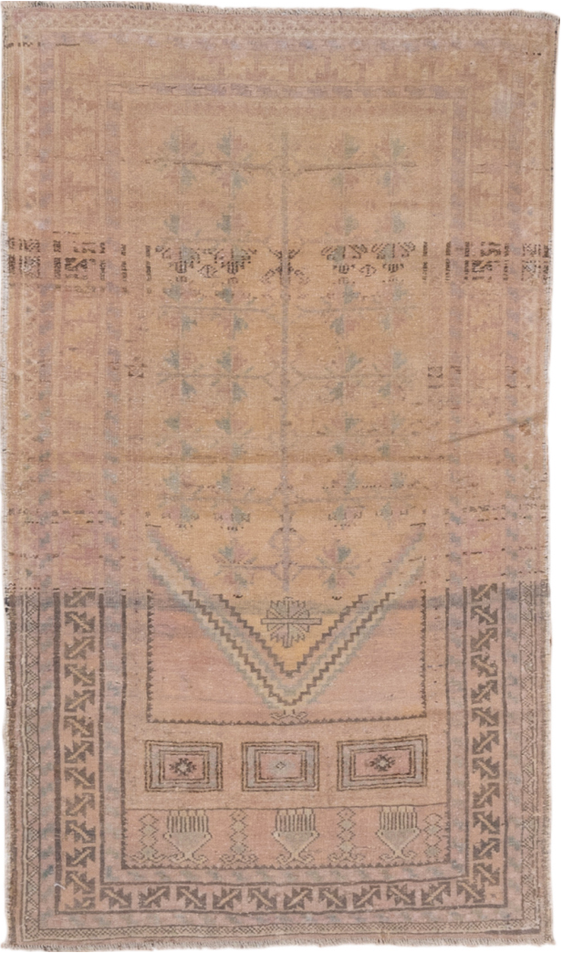 2' x 4' one-of-a-kind handmade vintage Anatol small size rug. Color palette: brown, gray, light gray, off-white, pink, snow