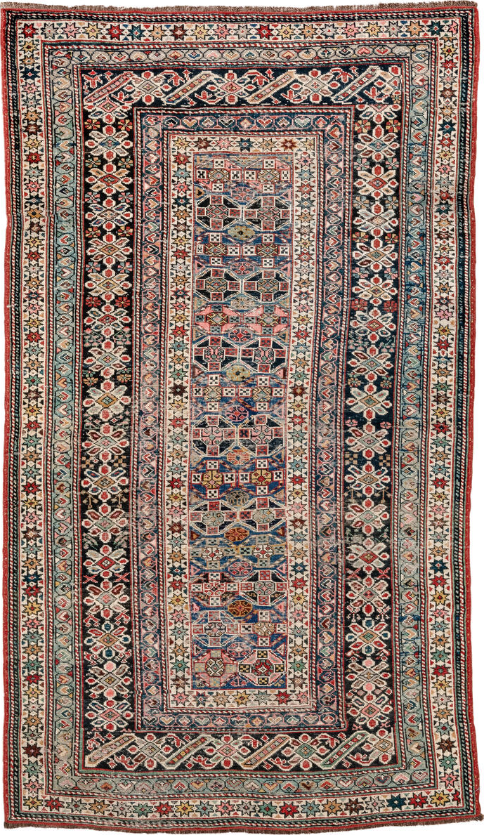 3' x 6' one-of-a-kind handmade vintage Chichi small size rug. Color palette: gray, light gray, off-white, blue, pink, brown