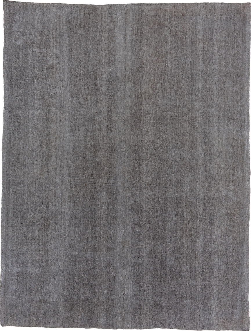 7' x 9' one-of-a-kind handmade vintage Flatweave rug. Color palette: gray, black, dark gray, charcoal, dim gray