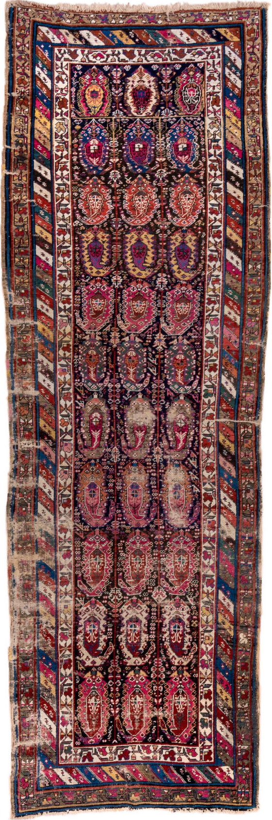 3' x 10' one-of-a-kind handmade vintage Shirvan runner rug. Color palette: black, blue, brown, fiord, gray, light gray
