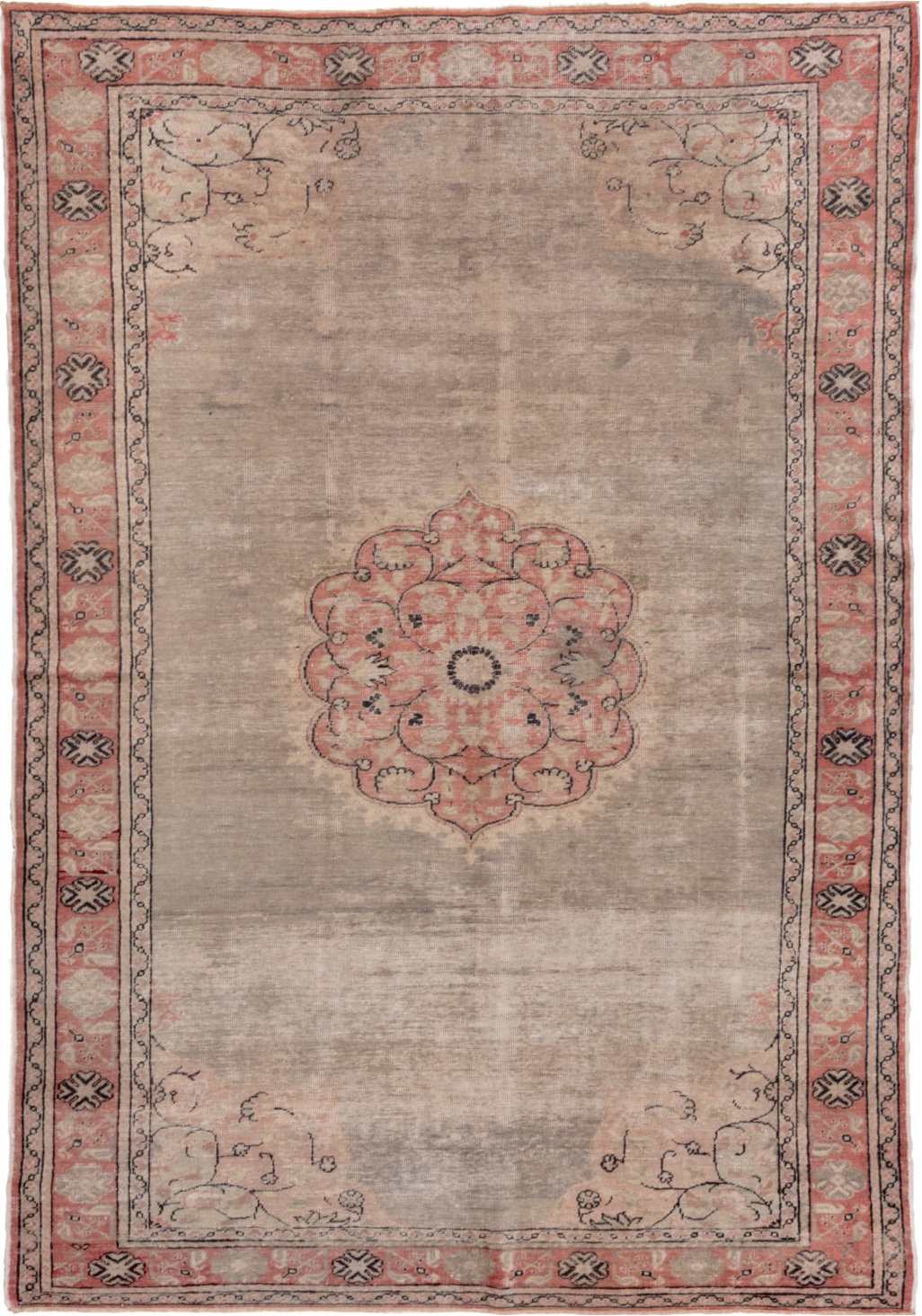 6' x 9' one-of-a-kind handmade vintage Oushak medium size rug. Color palette: brown, gray, light gray, off-white, pink, red