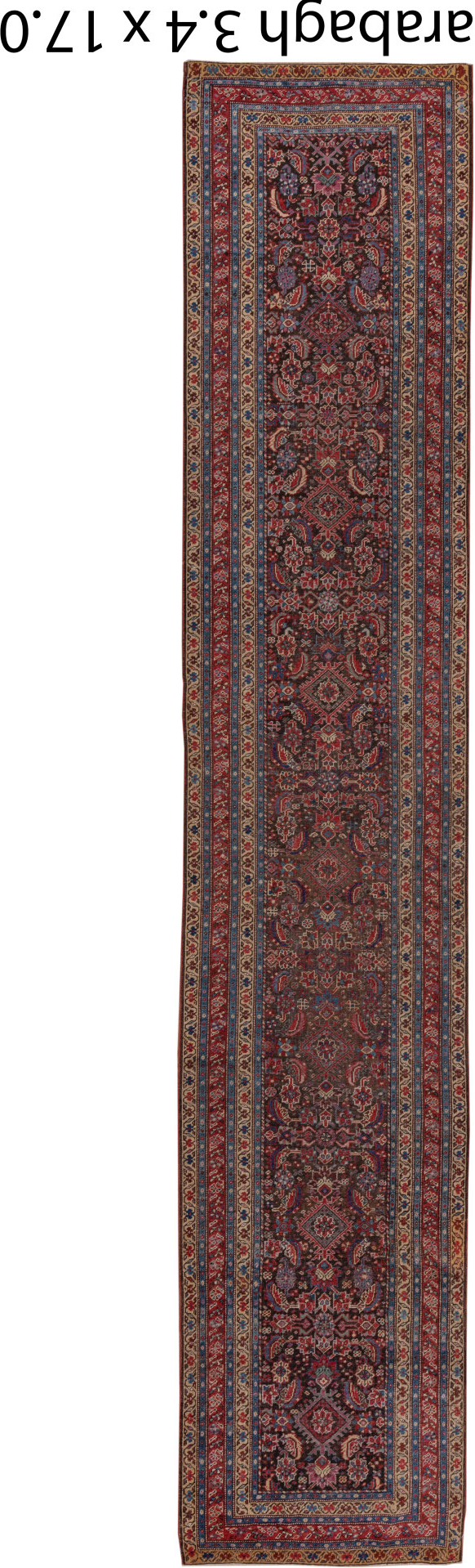 3' x 17' one-of-a-kind handmade vintage Karabagh runner rug. Color palette: black, blue, brown, gray, pink, red