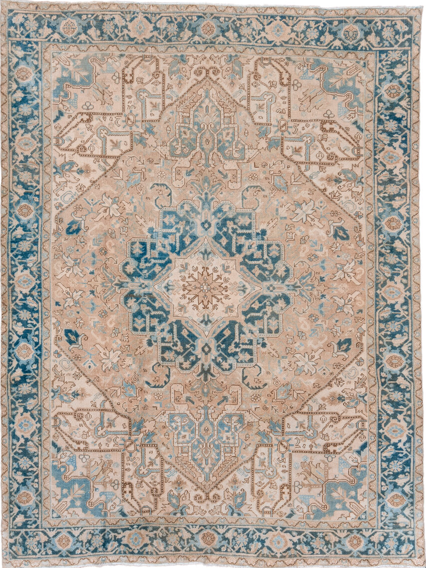 8' x 10' one-of-a-kind handmade vintage Heriz large size rug. Color palette: gray, blue, off-white, pink, orange, brown